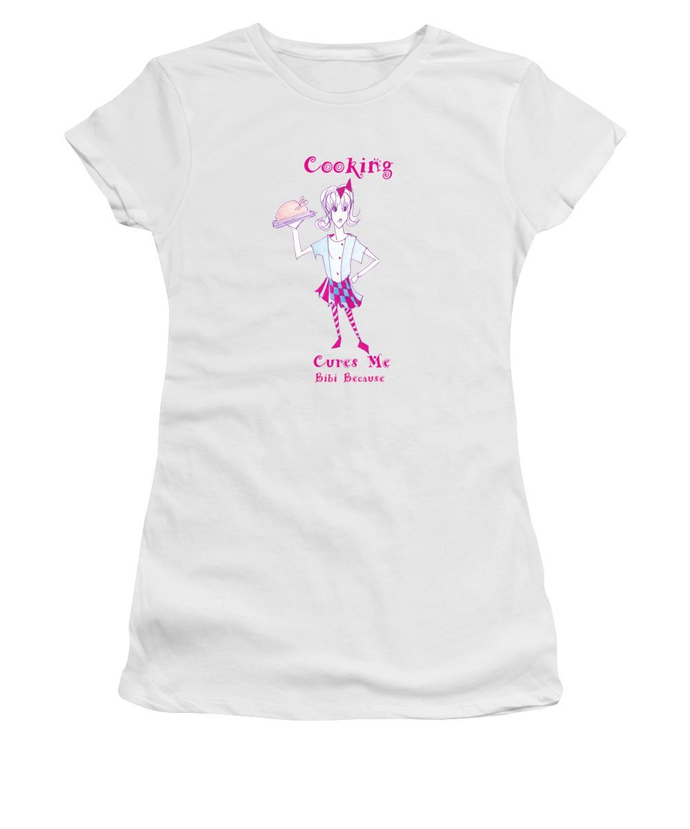 Cooking Cures Me Bibi women's t-shirt in a stylish design, made from a soft cotton-polyester blend, available in various sizes.
